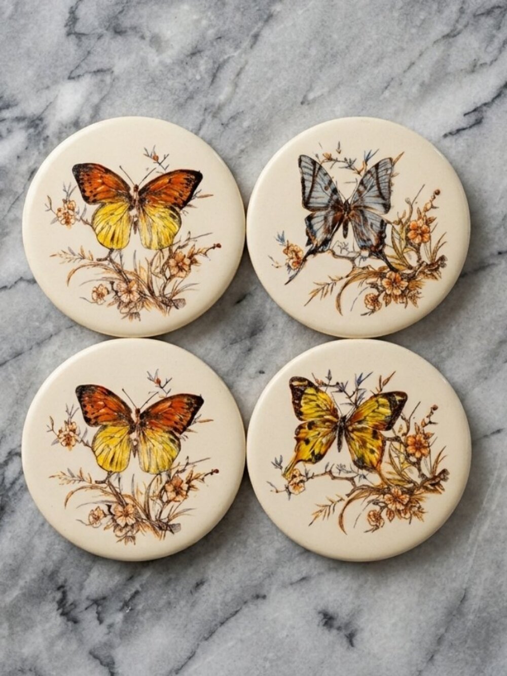 VTG 1970’s H R Johnson 6” Round Ceramic 4 Trivet Tile Wall Hangings Coasters